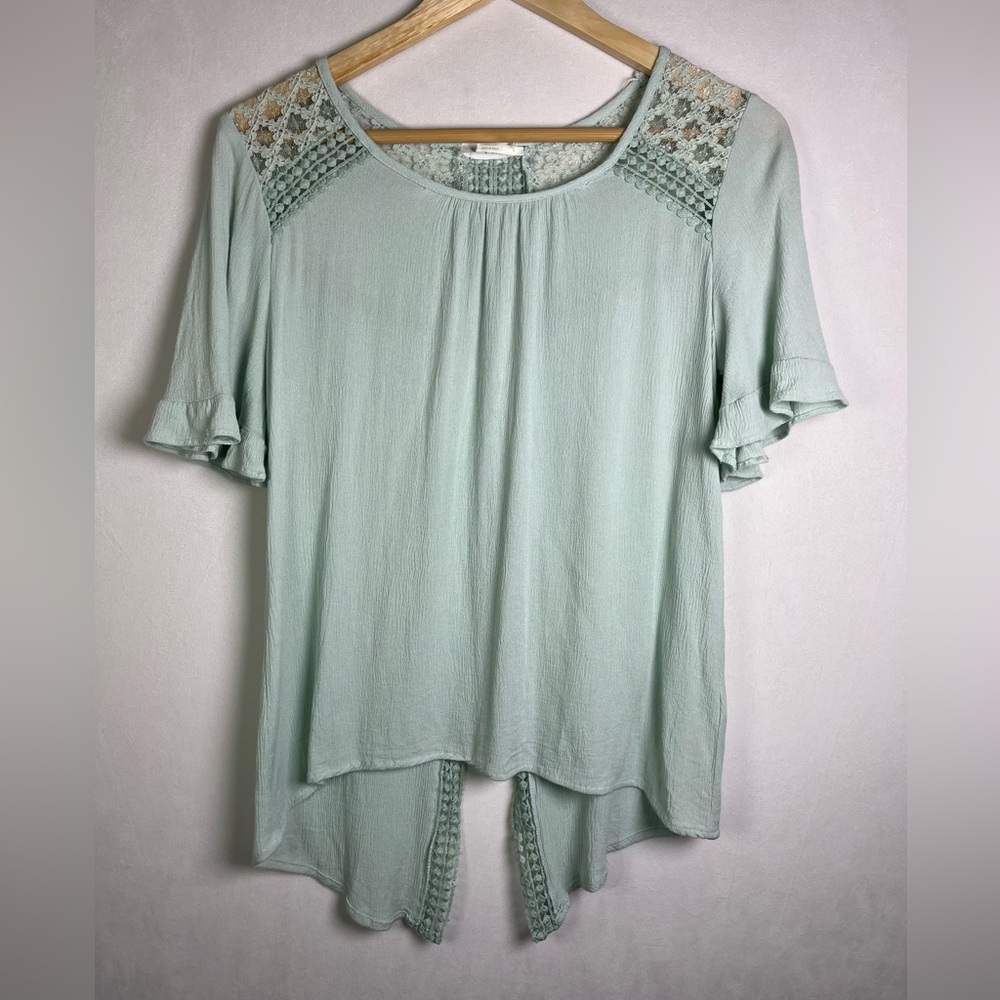 Blu Pepper Womens Mint Green Lace Boho Blouse Ruffle Sleeve Romantic Top M